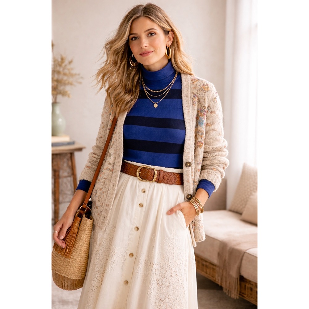 Talbots Petites Blue Black Striped Mock Neck Turtleneck‎ Long Sleeve Top Small